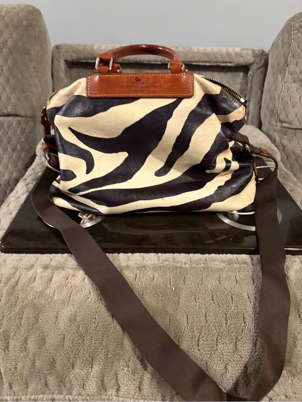 Dooney & Bourke Black-and-Cream Zebra Print Leather Messenger Bag
